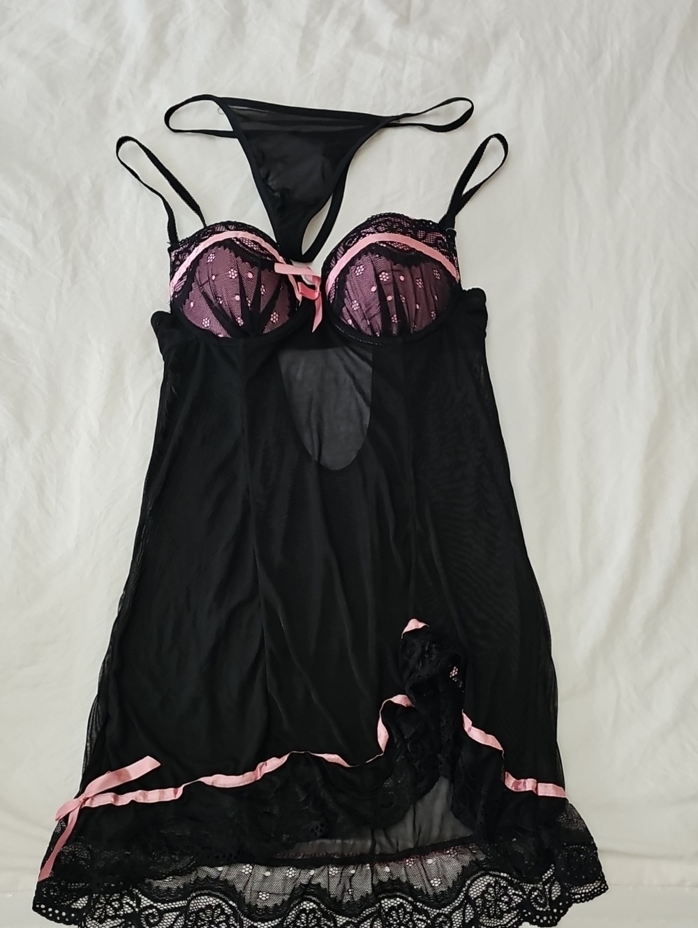 Sheer Black Babydoll Chemise with Pink Lace Accents